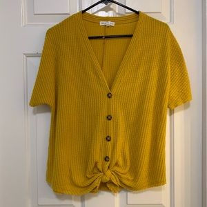 Socialite Front Tie Waffle Knit Yellow Button Top